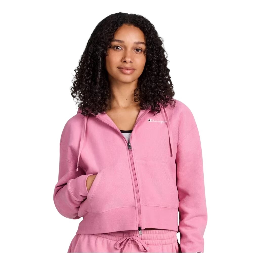 Champion Women's Pink Loose Fit Full Zip Cropped Hoodie Sweatshirt Size XL
